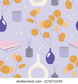 Hand drawn seamless pattern with books, candles, fragrance sticks and other decor elements, leisure and relaxing.