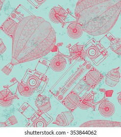 Hand drawn seamless pattern with boom box, hot air balloon, bikes and cupcakes.