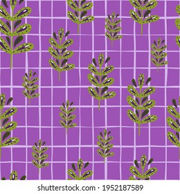 Hand drawn seamless pattern with botanic leaf branches ornament. Purple chequered background. Designed for fabric design, textile print, wrapping, cover. Vector illustration.
