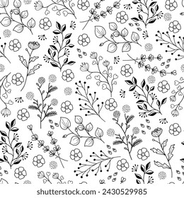 Hand drawn Seamless pattern with Botanical and Wild flowers. Vector illustration in doodle line art style black ink on white background. Pattern for fabric, wrapping paper.