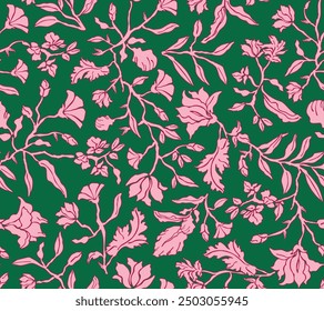 Hand drawn seamless pattern. Botanical floral pattern. Design for fashion, textile and wallpaper. Vector floral pattern. Floral. Trend 2025. Summer pattern. Vector flowers in silhouette.
