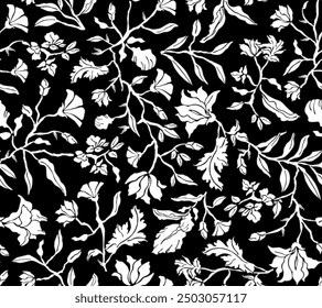 Hand drawn seamless pattern. Botanical floral pattern. Design for fashion, textile and wallpaper. Vector floral pattern. Floral. Trend 2025. Summer pattern. Vector flowers in silhouette.