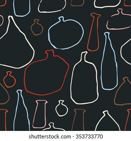Hand drawn seamless pattern with bottles in vintage style