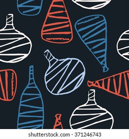Hand drawn seamless pattern with bottles in vintage style 