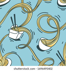 Hand drawn seamless pattern with bowl of ramen noodle waves. Thai food background. Pasta fabric or wallpaper design.