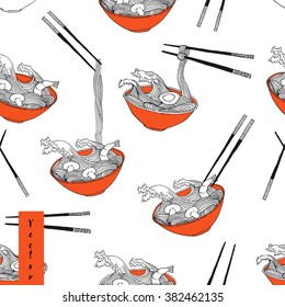 Hand Drawn Seamless Pattern With Bowl Of Ramen Noodle Waves. Thai Food Background.