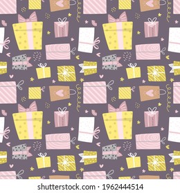 Hand drawn seamless pattern with box and confetti, hearts. Party presents a colorful background with gift box and greeting. Birthday wallpaper. Birthday celebration. Flat vector illustration.