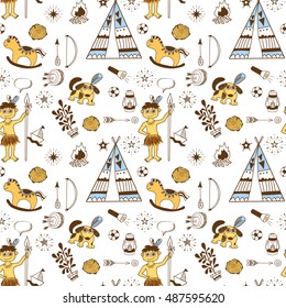 Hand drawn seamless pattern with boy for package paper, book cover, cotton. Background for boy`s room wallpaper.