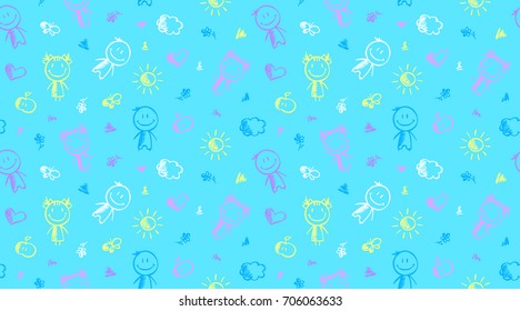 hand drawn seamless pattern with boy, girl, heart, sun, cloud, apple and butterfly