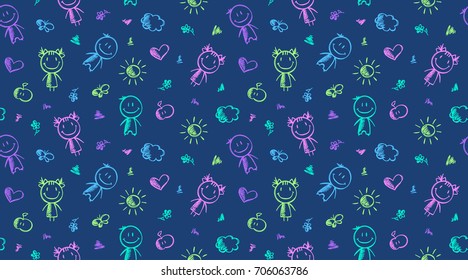 hand drawn seamless pattern with boy, girl, heart, sun, cloud, apple and butterfly