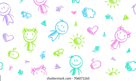 hand drawn seamless pattern with boy, girl, heart, sun, cloud, apple and butterfly