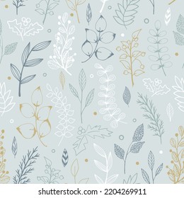 Hand drawn seamless pattern of branches, leaves and berries. Floral botanical collection. Decorative vector doodle illustration for greeting card, invitation, wallpaper, wrapping paper, fabric