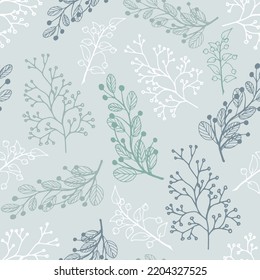 Hand drawn seamless pattern of branches, leaves and berries. Floral botanical collection. Decorative vector doodle illustration for greeting card, invitation, wallpaper, wrapping paper, fabric