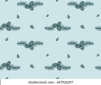 hand drawn seamless pattern with branches of pine and spruce and  cone. forest, christmas and winter theme