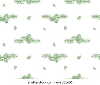 hand drawn seamless pattern with branches of pine and spruce and  cone. forest, christmas and winter theme