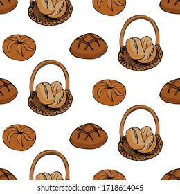 Hand drawn seamless pattern of bread and bakery products. Baked goods background. Vector illustration.