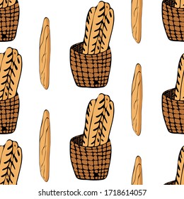 Hand drawn seamless pattern of bread and bakery products. Baked goods background. Vector illustration.
