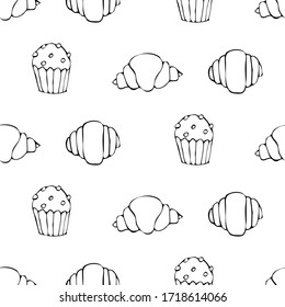 Hand drawn seamless pattern of bread and bakery products. Baked goods background. Vector illustration.