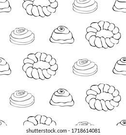 Hand drawn seamless pattern of bread and bakery products. Baked goods background. Vector illustration.