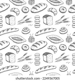 Hand drawn seamless pattern of bread and bakery products. Baked goods background.