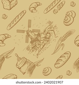 Hand drawn seamless pattern of bread and bakery products. Mill, cereals, flour, wheat. Baked goods vintage background. Vector illustration.