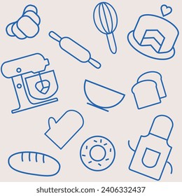 Hand drawn seamless pattern of bread, bakery products baking dish, food processor. Baked goods background. Bakery, confectionery equipment. 