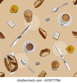 Hand drawn seamless pattern of breakfast ingredients in retro style in beige tones