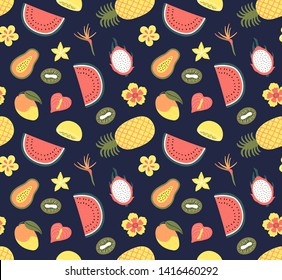 Hand drawn seamless pattern with bright tropical fruits, on a dark blue background. Vector illustration. Flat style design. Concept for textile print, wallpaper, wrapping paper.