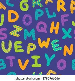 Hand drawn seamless pattern bright alphabet collection on dark. Free style colorful font with decorative elements. Contrast english letters print on purple. Kids style textured ABC.