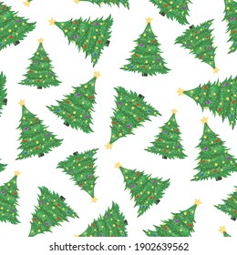 Hand drawn seamless pattern of bright green Christmas trees, decoration balls, stars, garlands. Happy New Year and Christmas illustration for greeting card, invitation, wallpaper, wrapping paper
