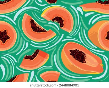 Hand drawn seamless pattern with bright papaya fruits, cut into slices and in half. Vector illustration, retro 1970s style.