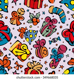 Hand -drawn seamless pattern of bright doodle elements in the form of gift boxes. For postcards, congratulations, wrappers, web design.