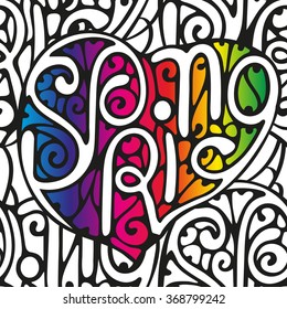 Hand drawn seamless pattern of bright doodles elements in the form of inscriptions about spring on a monochrome background. 