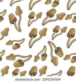 Hand drawn seamless pattern with brown mushrooms in botanical style

