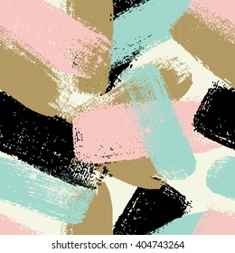 Hand Drawn Seamless Pattern With  Brush Strokes In Black And Pastel Colors. 