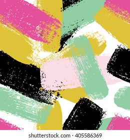Hand drawn seamless pattern with  brush strokes in black and bright colors. 