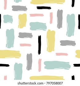 Hand drawn seamless pattern with brush strokes in pastel stripes texture on white background. Creative, modern, abstract background, poster, textile, greeting card design.