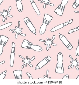 Hand drawn seamless pattern with brushes and pencils. Vector illustration. 