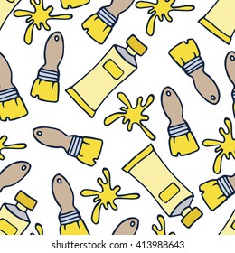 Hand drawn seamless pattern with brushes and pencils. Vector illustration. White background.