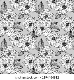Hand drawn seamless pattern with buds flowers dahlia. Vector nature illustration