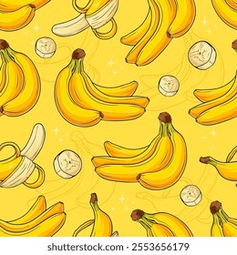 Hand drawn seamless pattern of  bunch of yellow delicious peeled and small cut bananas isolated