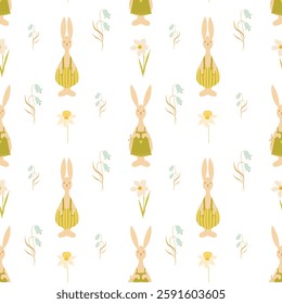 Hand drawn seamless pattern with bunnies and flowers, snowdrops, bluebell. Hand drawn seamless pattern for children design, decoration, cards