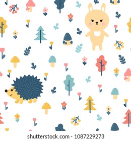 Hand drawn seamless pattern with bunny and hedgehog. Wrapping paper. Stylish doodle forest. Background for your design. Vector illustration