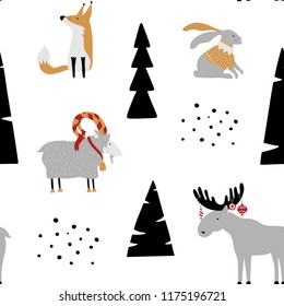 Hand drawn seamless pattern with bunny, fox, goat, elk and trees. Childish texture. Good for fabric, textile. Christmas vector wallpaper.