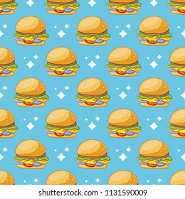 Hand drawn seamless pattern with burgers. Fast food vector