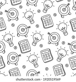 Hand drawn seamless pattern of business and finance elements, money, calculator, coin. Doodle sketch style. Business element drawn by digital pen. Vector illustration for wallpaper, background