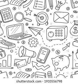 Hand drawn seamless pattern of business and finance elements, money, calculator, coin. Doodle sketch style. Business element drawn by digital pen. Vector illustration for wallpaper, background
