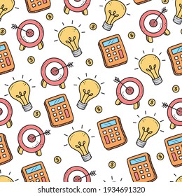Hand drawn seamless pattern of business and finance elements, money, calculator, coin. Doodle sketch style. Business element drawn by digital pen. Vector illustration for wallpaper, background