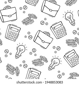 Hand drawn seamless pattern of business and finance elements, money, calculator, coin in doodle style. Vector illustration for wallpaper, background.