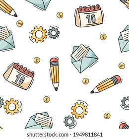 Hand drawn seamless pattern of business and finance elements, money, pencil, letter, calendar, coin in doodle style. Vector illustration for wallpaper, background.